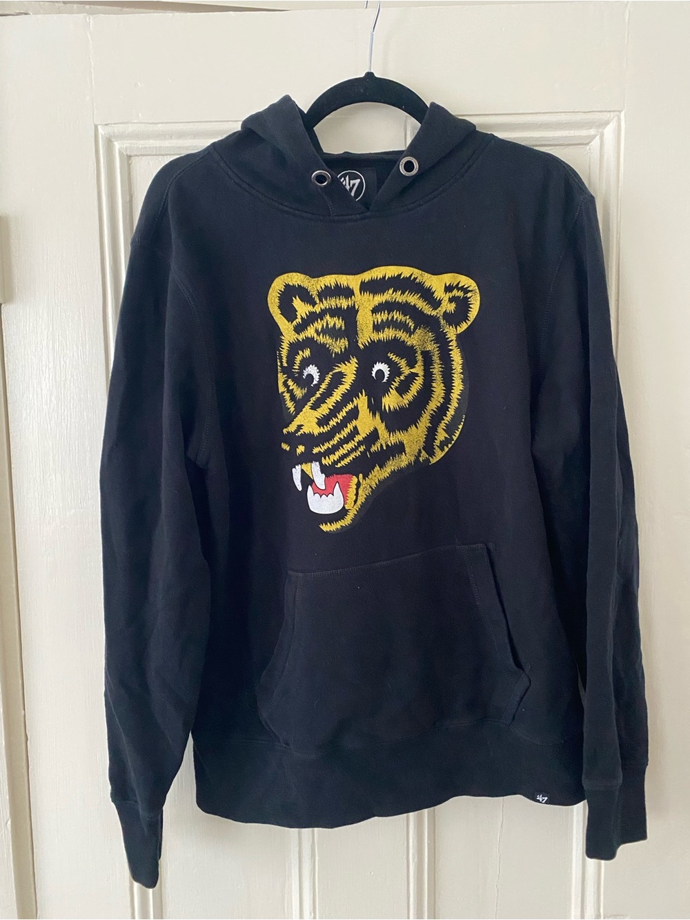 47 Unisex Black Crewneck Hoodie with Yellow Tiger Graphic